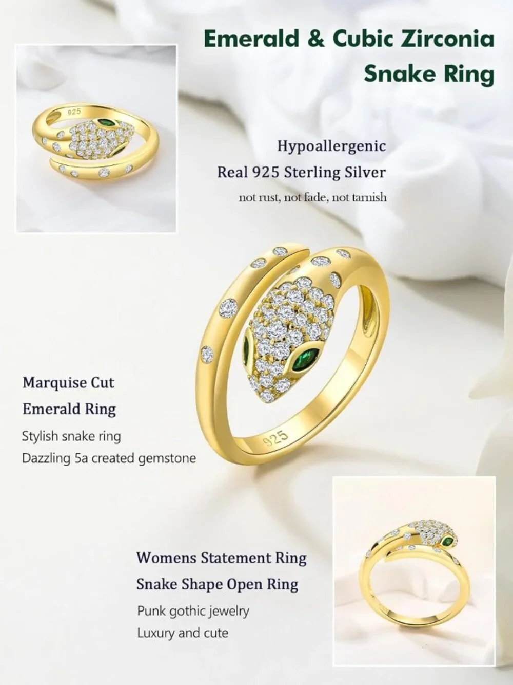 Stylish Adjustable Snake Ring for Women - Sterling Silver & Gold Plated Cocktail